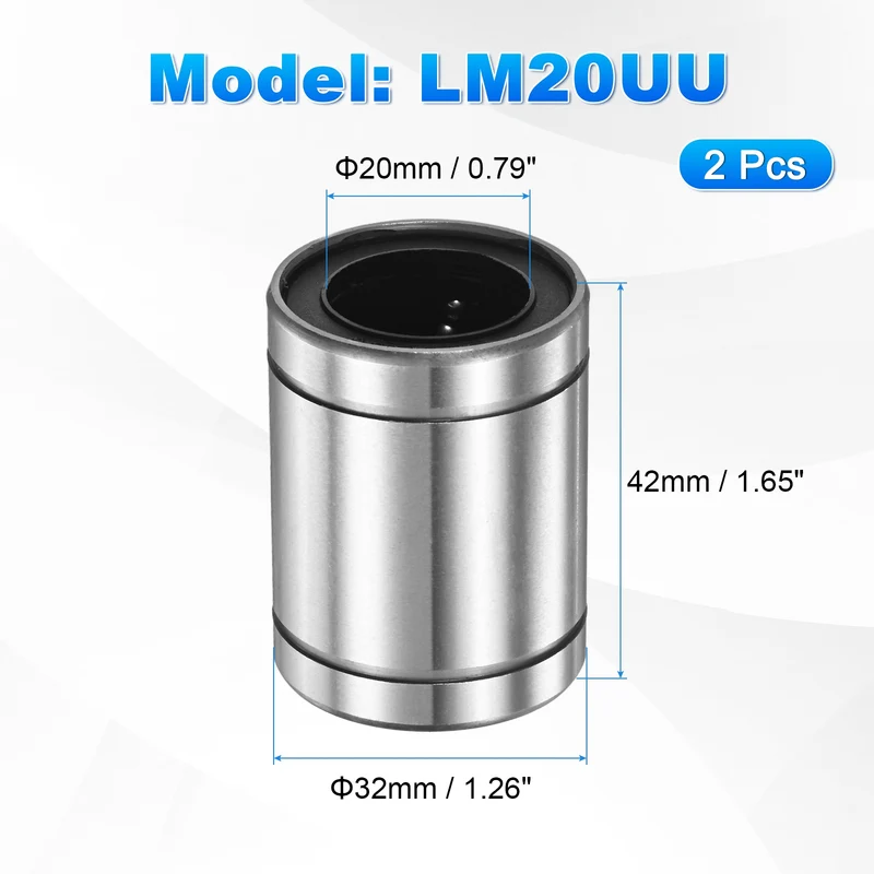 2Pcs LM20UU Linear Ball Bearings 20mm Bore Dia 32mm OD 42mm Length for Machine