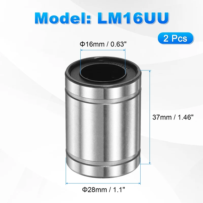 2Pcs LM16UU Linear Ball Bearings 16mm Bore Dia 28mm OD 37mm Length for Machine