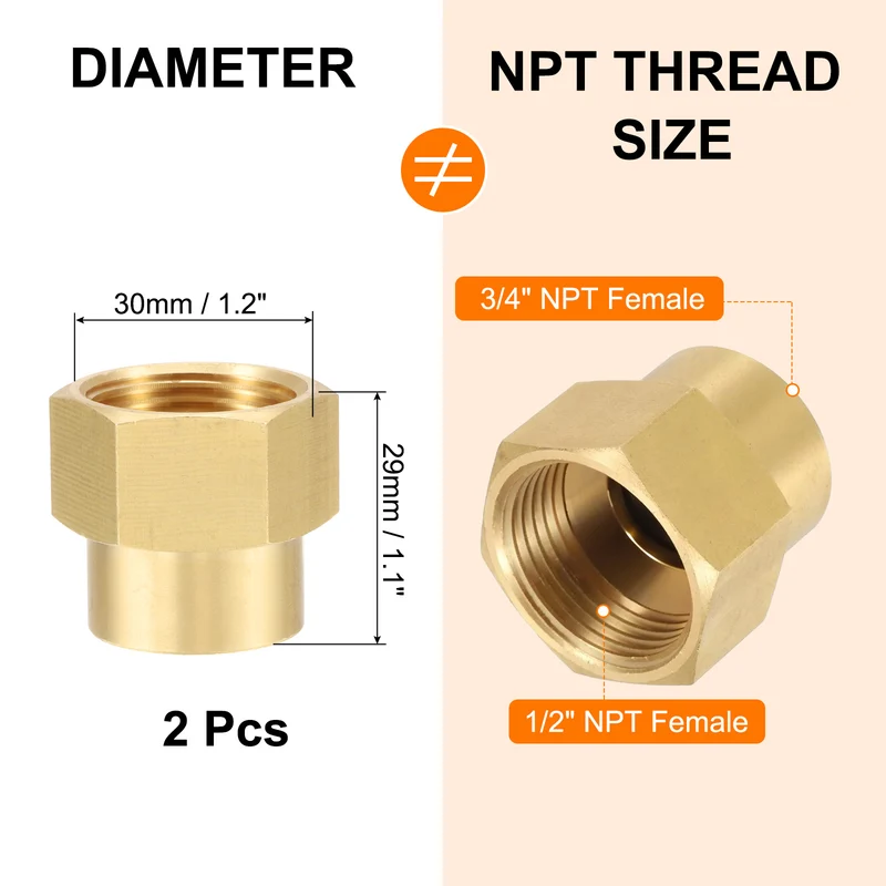 2pcs Brass Pipe Fitting 3/4" NPT Female x 1/2" NPT Female Hex Pipe Adapter