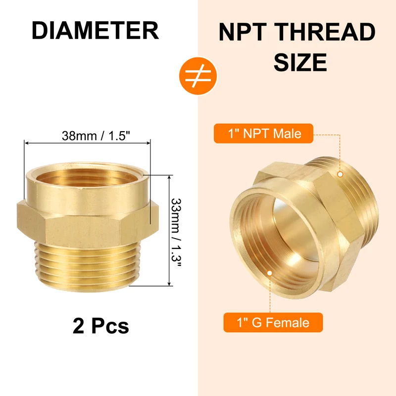 2pcs Brass Pipe Fitting, 1" G Female×1" NPT Male Hex Nipple Pipe Adapter