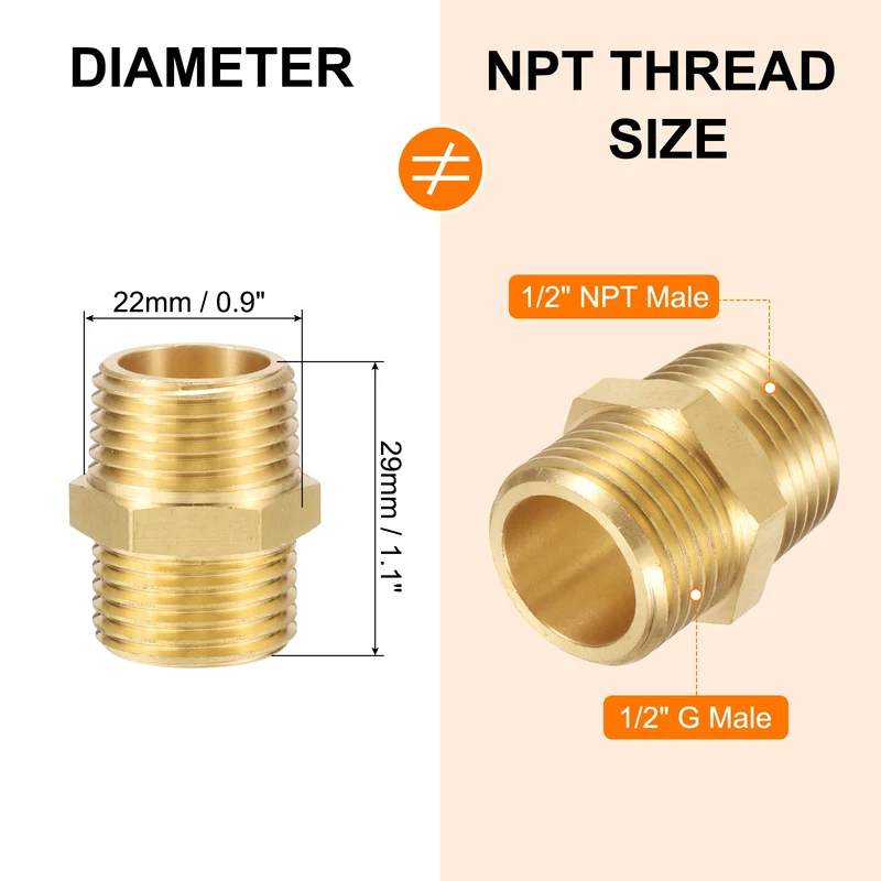 Brass Pipe Fitting, 1/2" NPT Male x 1/2" G Male Hex Nipple Pipe Adapter