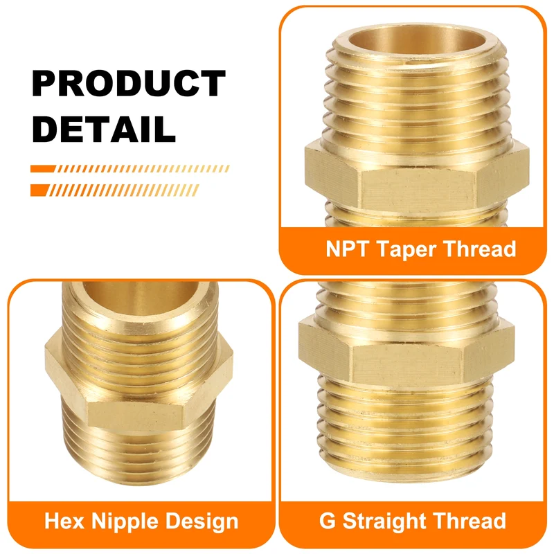 Brass Pipe Fitting, 1/2" NPT Male x 1/2" G Male Hex Nipple Pipe Adapter