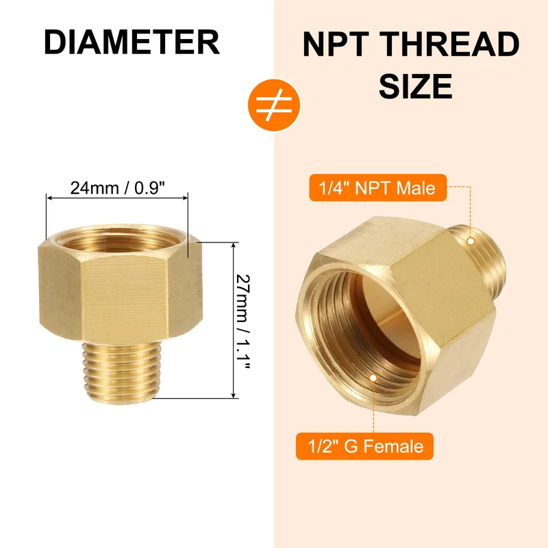Brass Pipe Fitting, 1/2" G Female × 1/4" NPT Male Hex Nipple Pipe Adapter