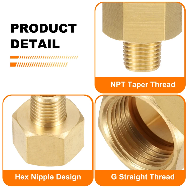 Brass Pipe Fitting, 1/2" G Female × 1/4" NPT Male Hex Nipple Pipe Adapter