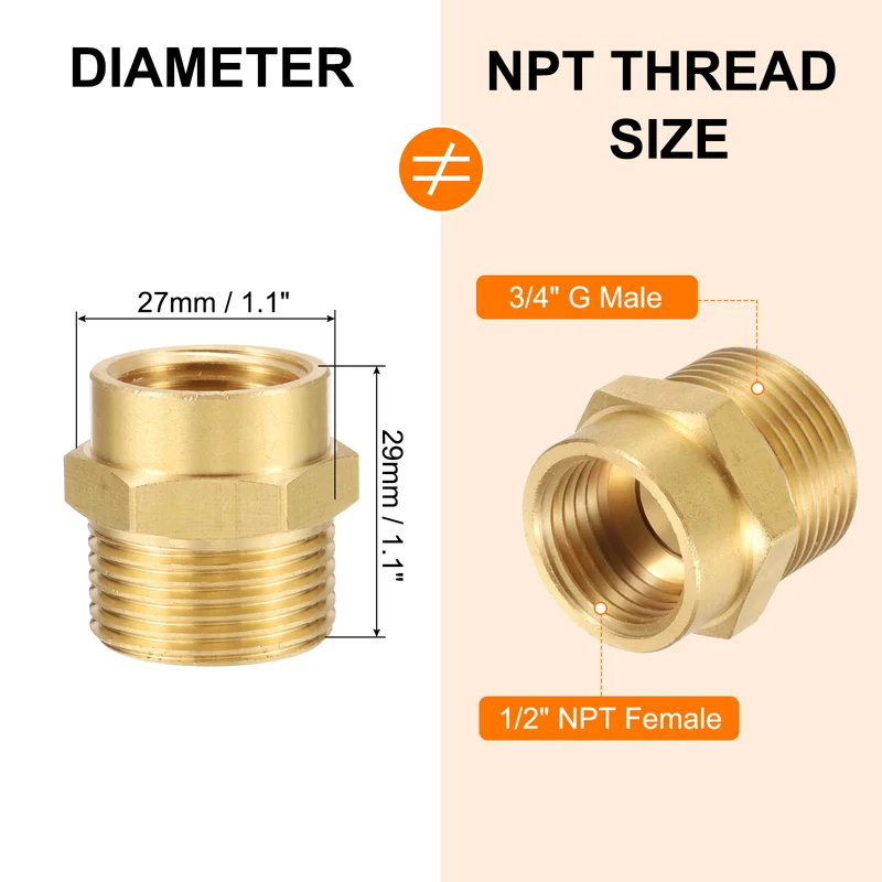 Brass Pipe Fitting, 1/2" NPT Female × 3/4" G Male Hex Nipple Pipe Connector