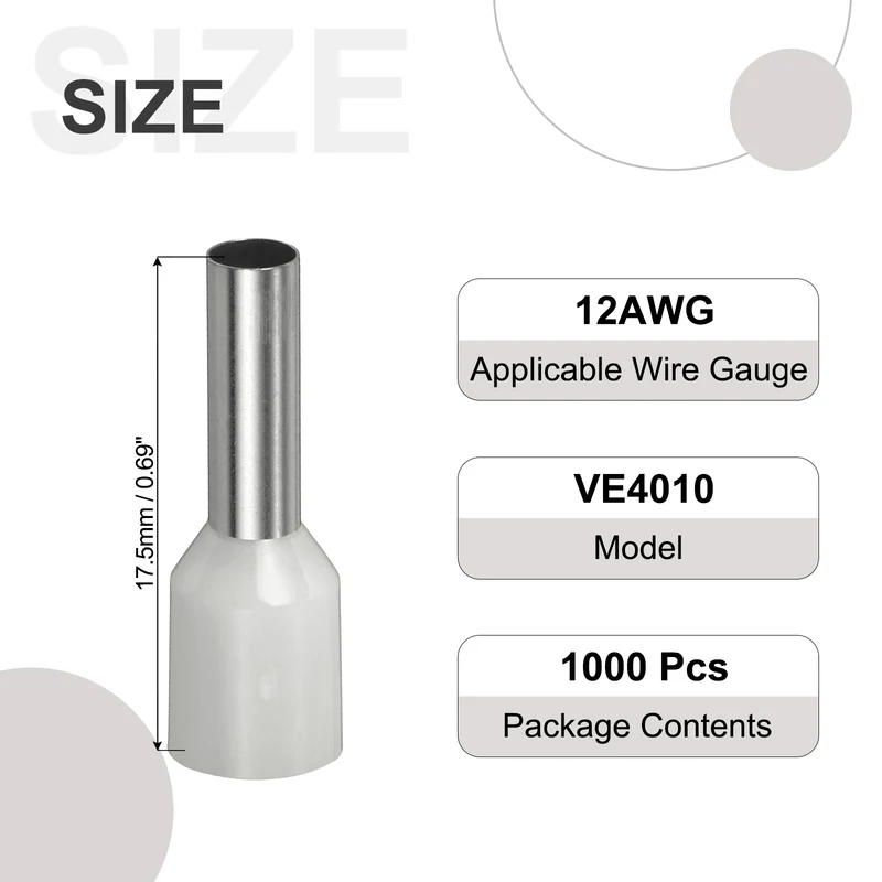 1000Pcs 12AWG Wire Ferrules Connectors VE4010 White
