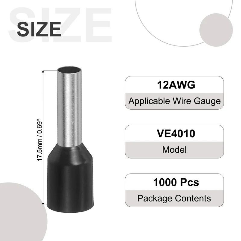 1000Pcs 12AWG Wire Ferrules Connectors VE4010 Black