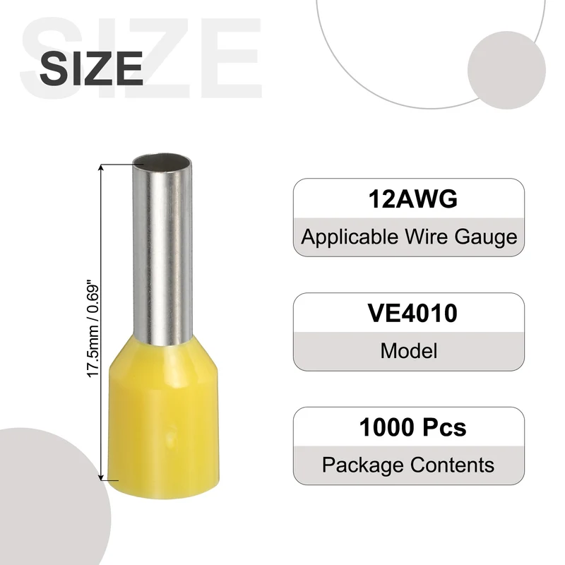 1000Pcs 12AWG Wire Ferrules Connectors VE4010 Yellow