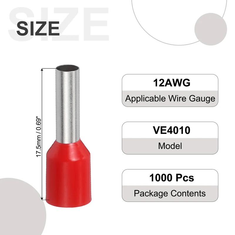 1000Pcs 12AWG Wire Ferrules Connectors VE4010 Red