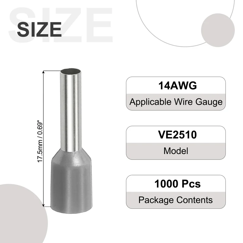 1000Pcs 14AWG Wire Ferrules Connectors VE2510 Gray
