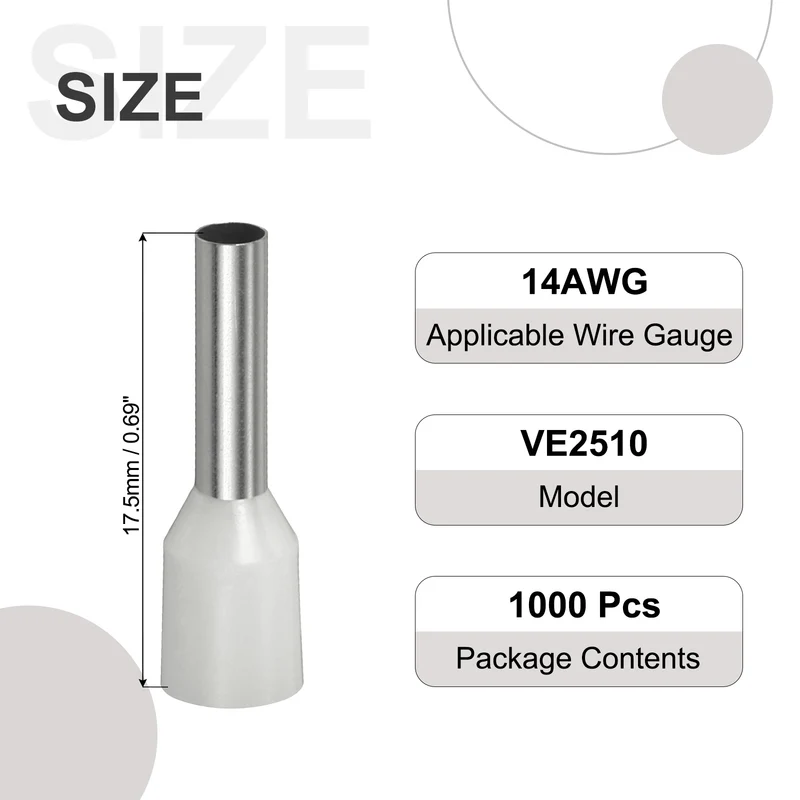 1000Pcs 14AWG Wire Ferrules Connectors VE2510 White