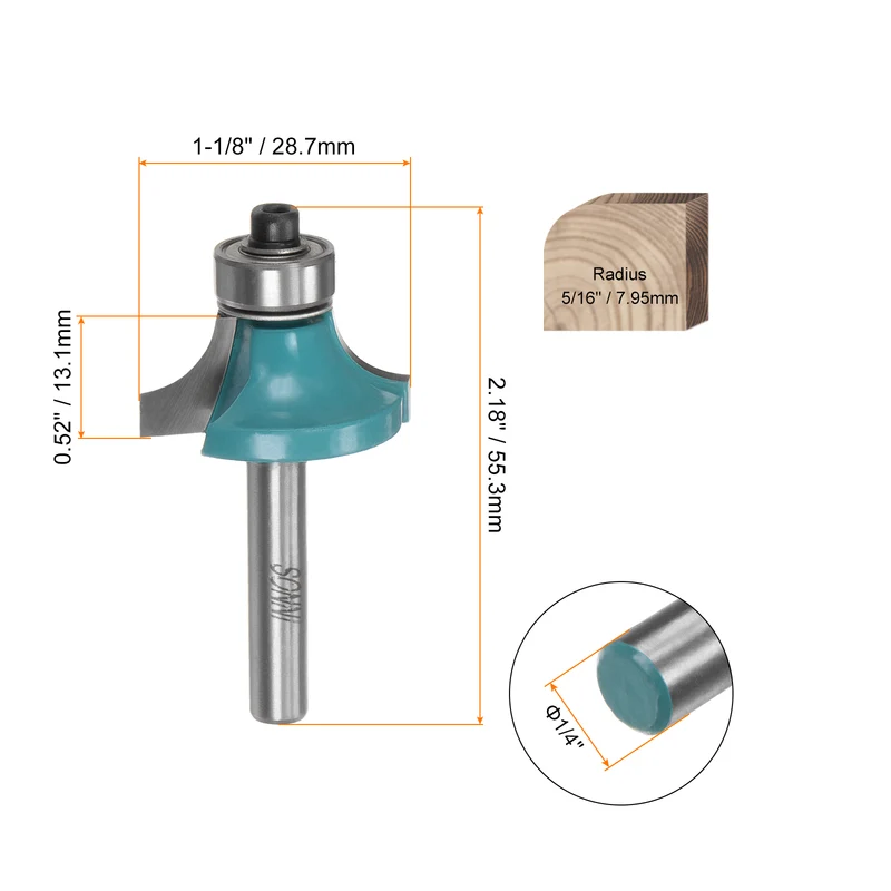 Roundover Router Bit 1/4 Shank 5/16" Radius Carbide Tipped with Bearing Cyan