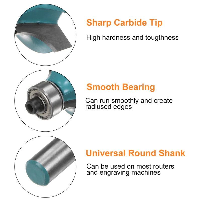 Roundover Router Bit 1/4 Shank 5/16" Radius Carbide Tipped with Bearing Cyan