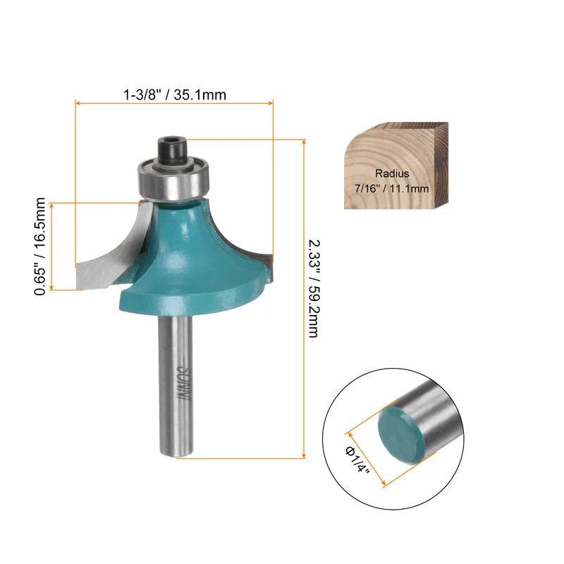 Roundover Router Bit 1/4 Shank 7/16" Radius Carbide Tipped with Bearing Cyan