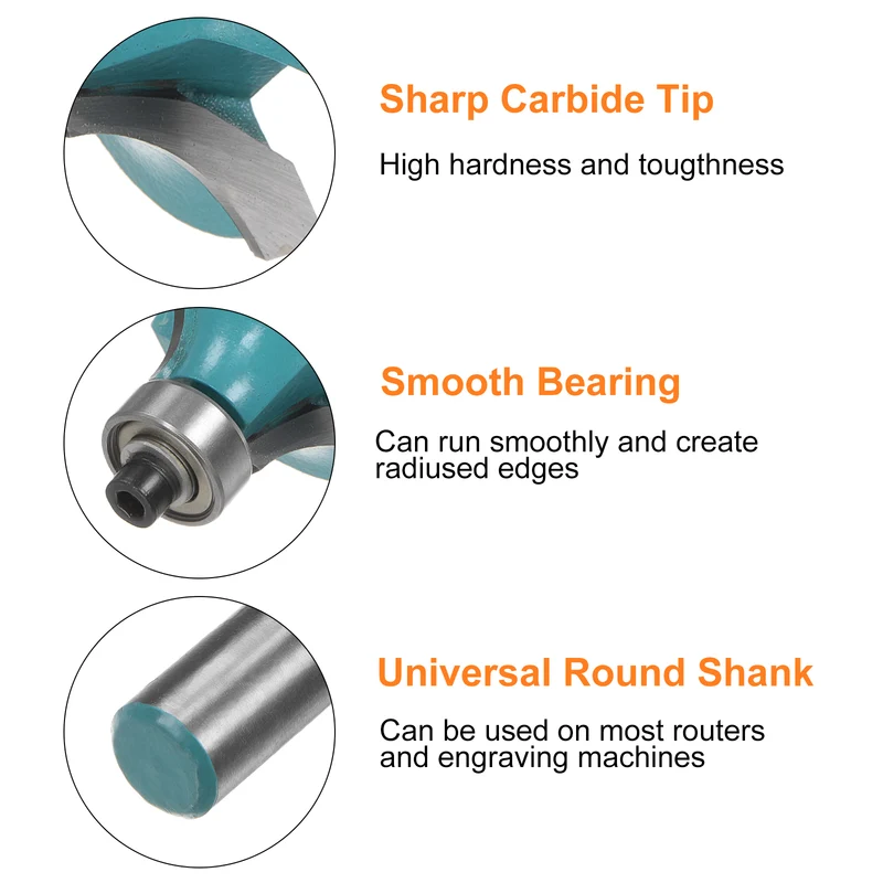 Roundover Router Bit 1/4 Shank 7/16" Radius Carbide Tipped with Bearing Cyan
