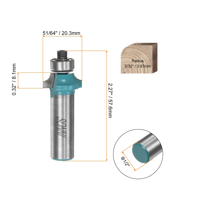 Roundover Router Bit 1/2 Shank 5/32" Radius Carbide Tipped Edge Rounding Over Bit with Bearing Guide, Woodworking Milling Tool, Cyan