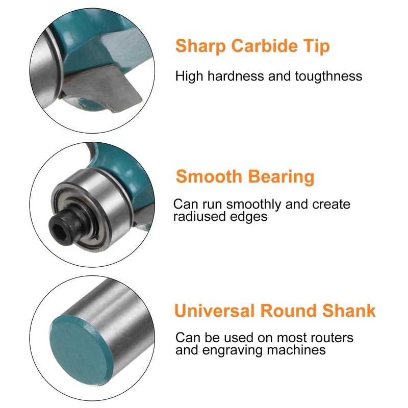 Roundover Router Bit 1/2 Shank 5/32" Radius Carbide Tipped Edge Rounding Over Bit with Bearing Guide, Woodworking Milling Tool, Cyan