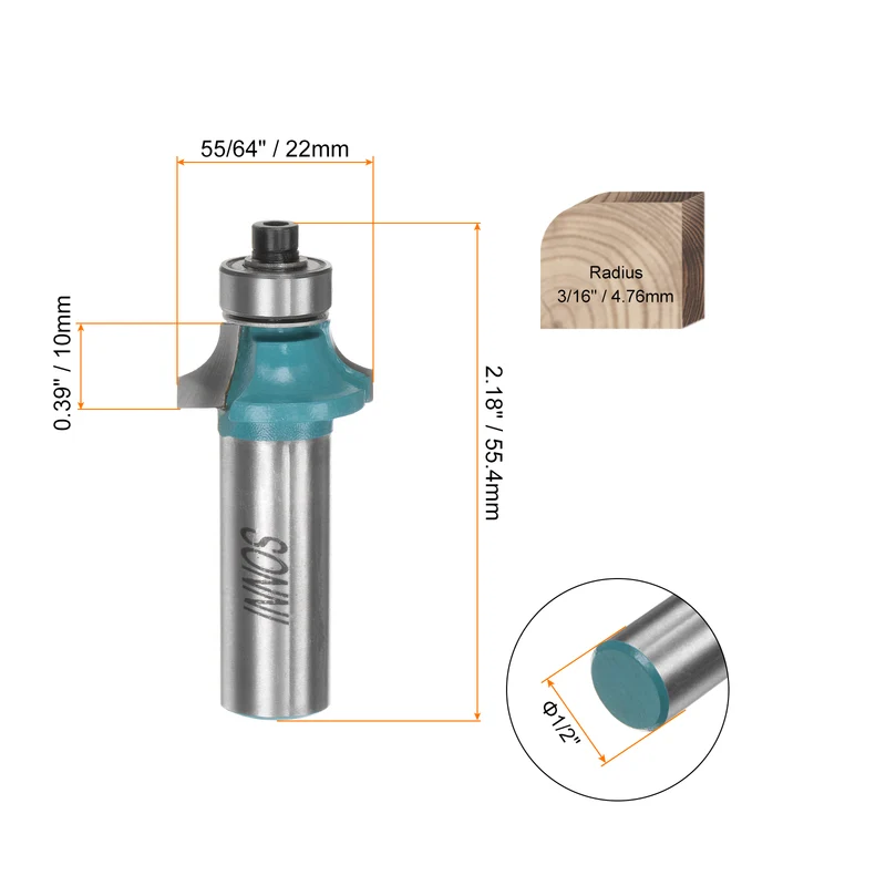 Roundover Router Bit 1/2 Shank 3/16" Radius Carbide Tipped with Bearing Cyan