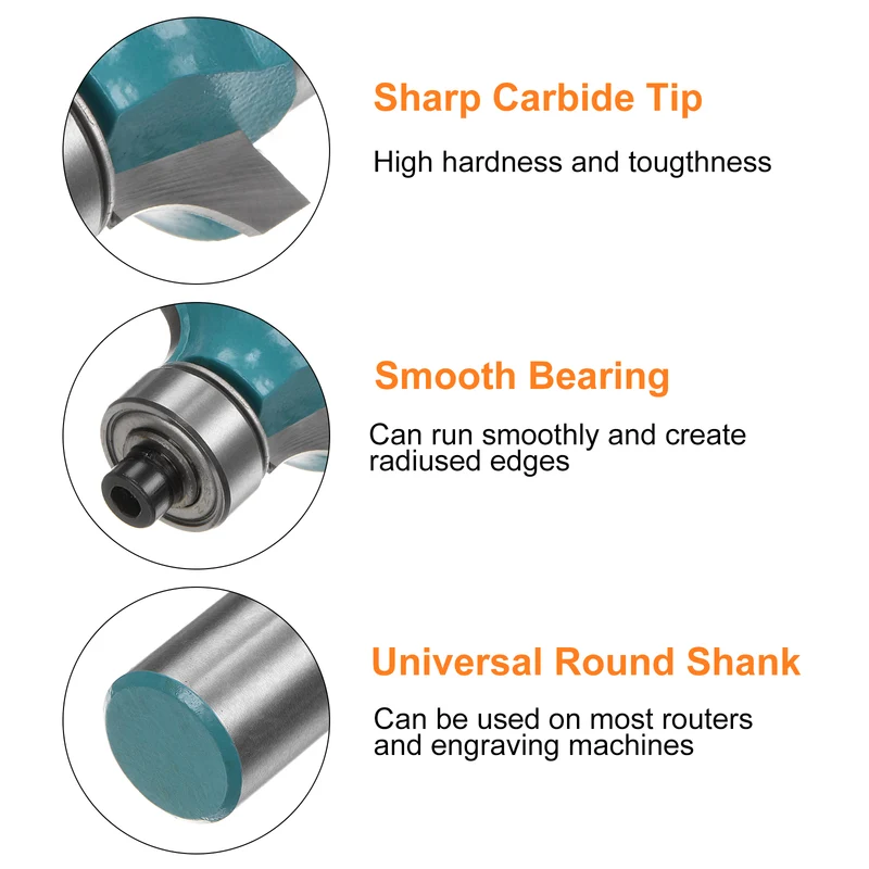 Roundover Router Bit 1/2 Shank 3/16" Radius Carbide Tipped with Bearing Cyan