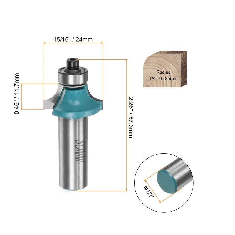 Roundover Router Bit 1/2 Shank 1/4" Radius Carbide Tipped with Bearing, Cyan