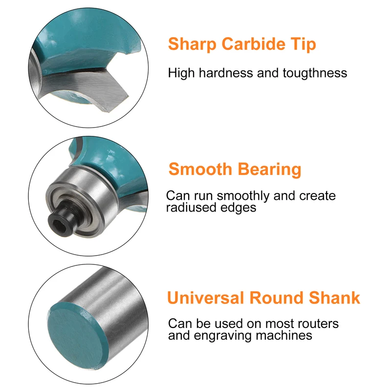 Roundover Router Bit 1/2 Shank 1/4" Radius Carbide Tipped with Bearing, Cyan