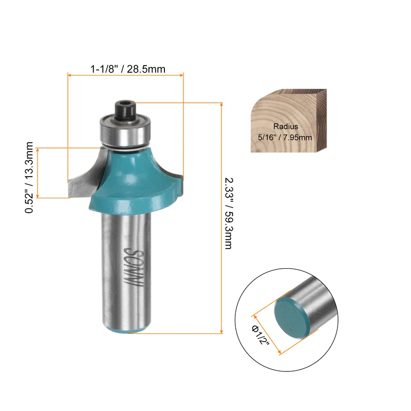 Roundover Router Bit 1/2 Shank 5/16" Radius Carbide Tipped with Bearing Cyan