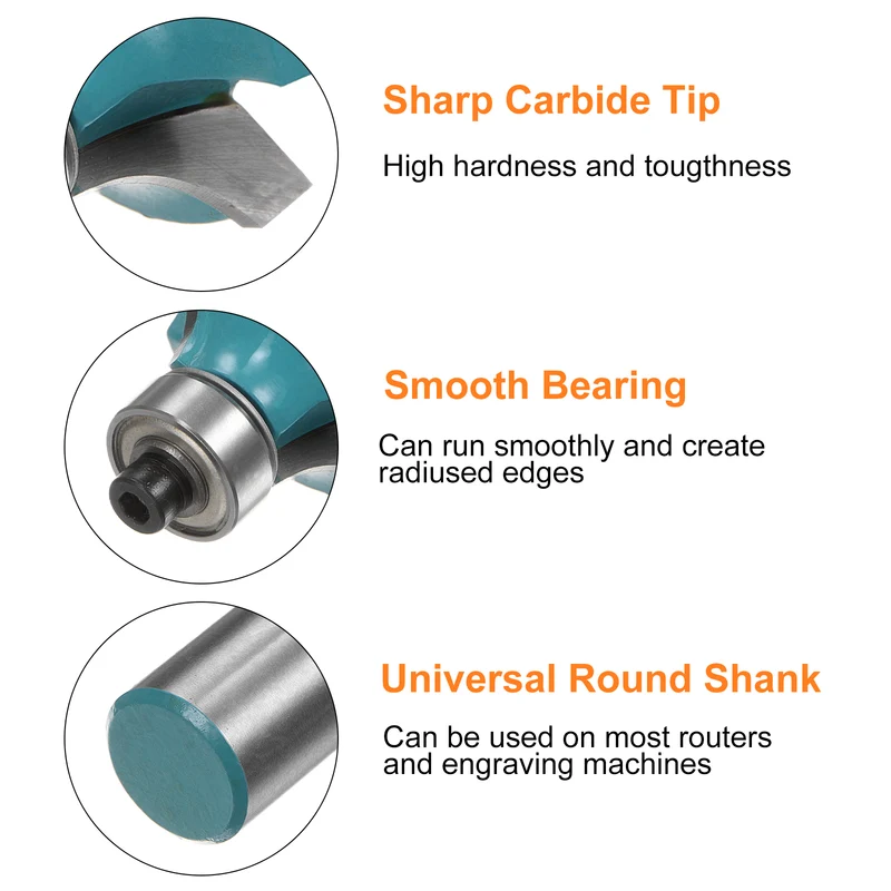 Roundover Router Bit 1/2 Shank 5/16" Radius Carbide Tipped with Bearing Cyan