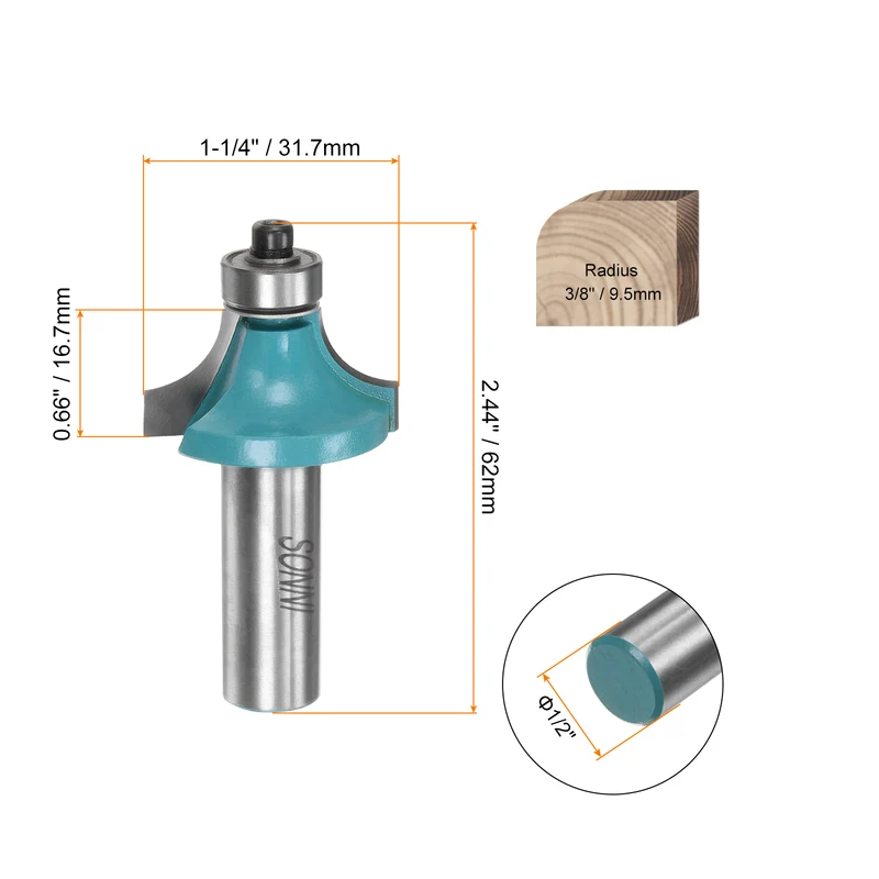 Roundover Router Bit 1/2 Shank 3/8" Radius Carbide Tipped with Bearing, Cyan