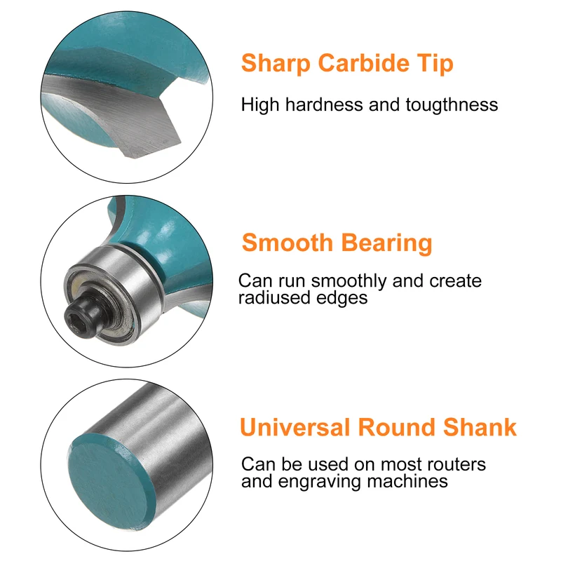 Roundover Router Bit 1/2 Shank 3/8" Radius Carbide Tipped with Bearing, Cyan
