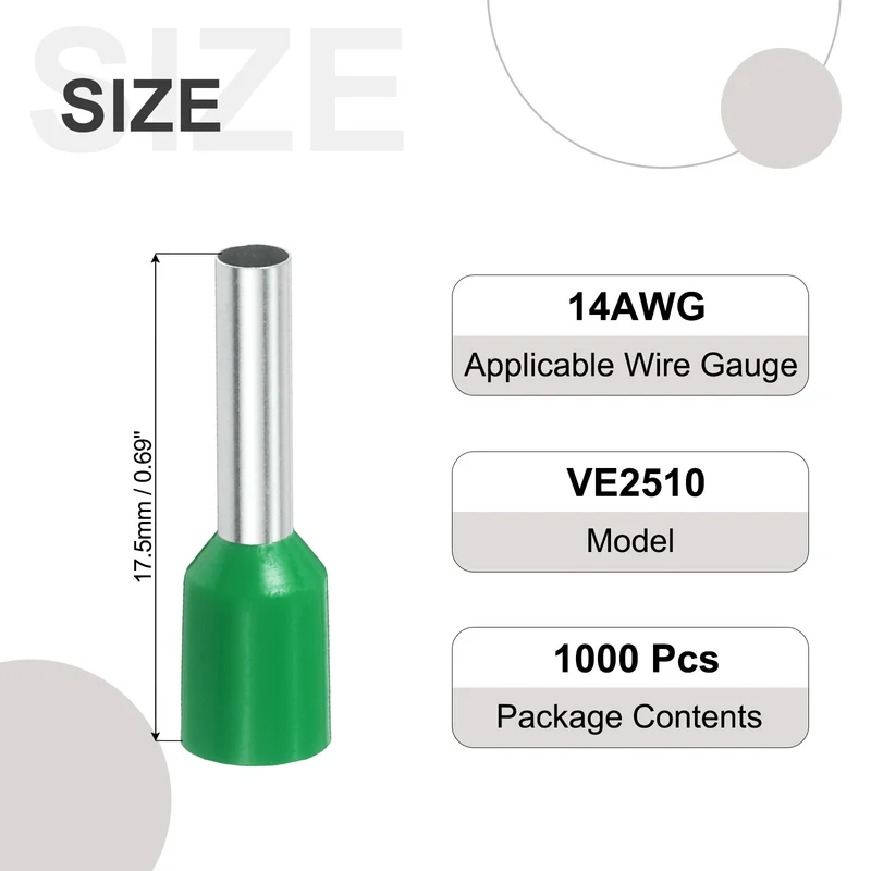 1000Pcs 14AWG Wire Ferrules Connectors VE2510 Green