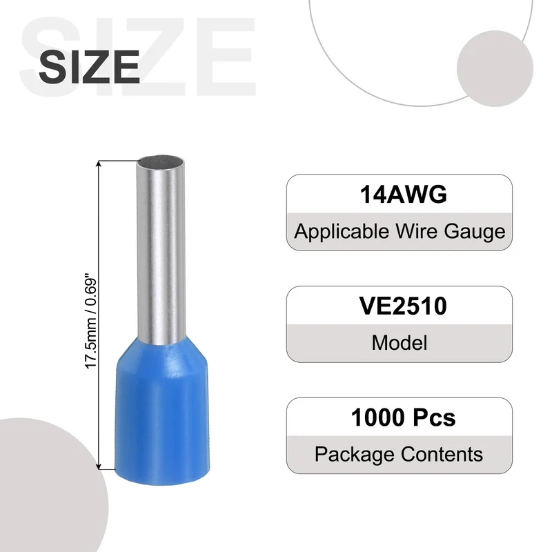 1000Pcs 14AWG Wire Ferrules Connectors VE2510 Blue