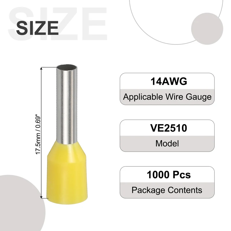 1000Pcs 14AWG Wire Ferrules Connectors VE2510 Yellow