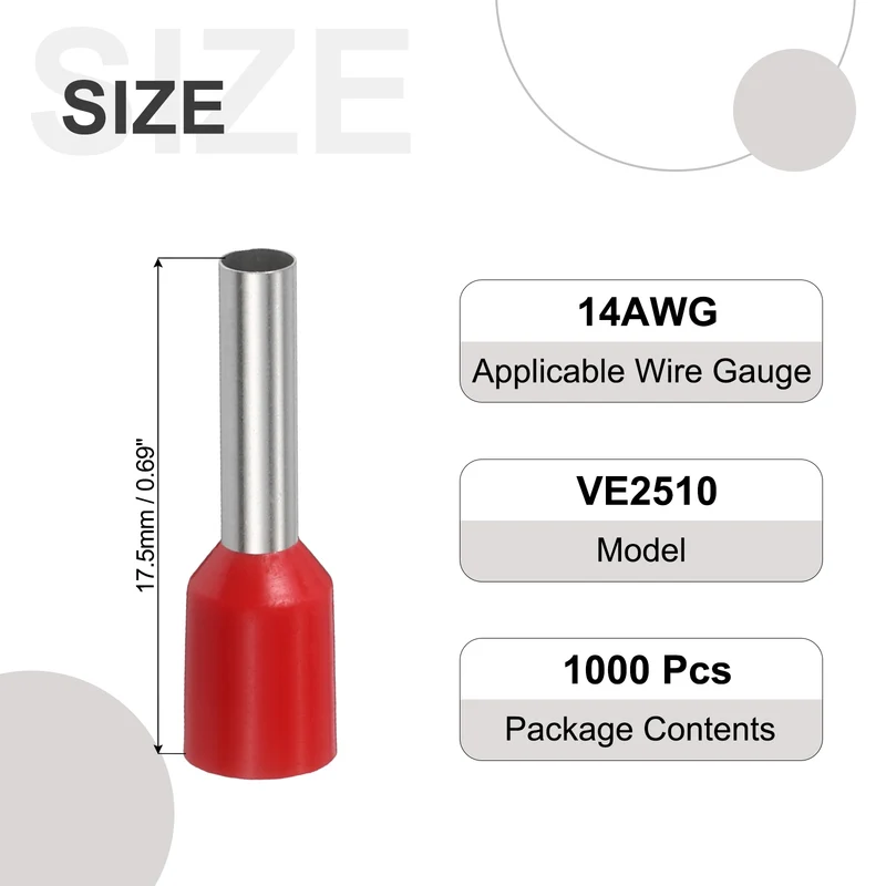 1000Pcs 14AWG Wire Ferrules Connectors VE2510 Red
