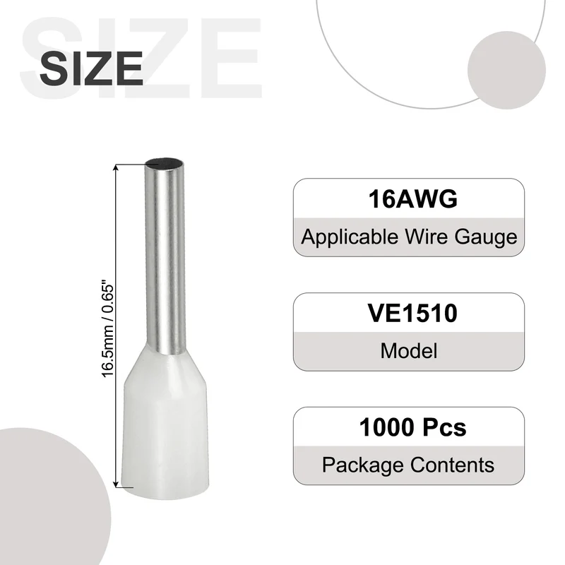 1000Pcs 16AWG Wire Ferrules Connectors VE1510 White