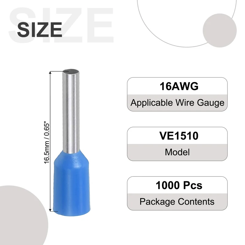 1000Pcs 16AWG Wire Ferrules Connectors VE1510 Blue