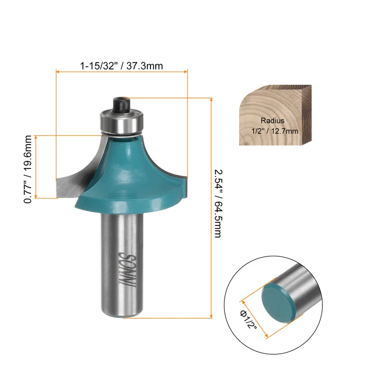 Roundover Router Bit 1/2 Shank 1/2" Radius Carbide Tipped with Bearing, Cyan