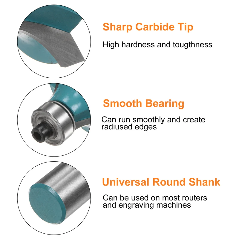 Roundover Router Bit 1/2 Shank 1/2" Radius Carbide Tipped with Bearing, Cyan