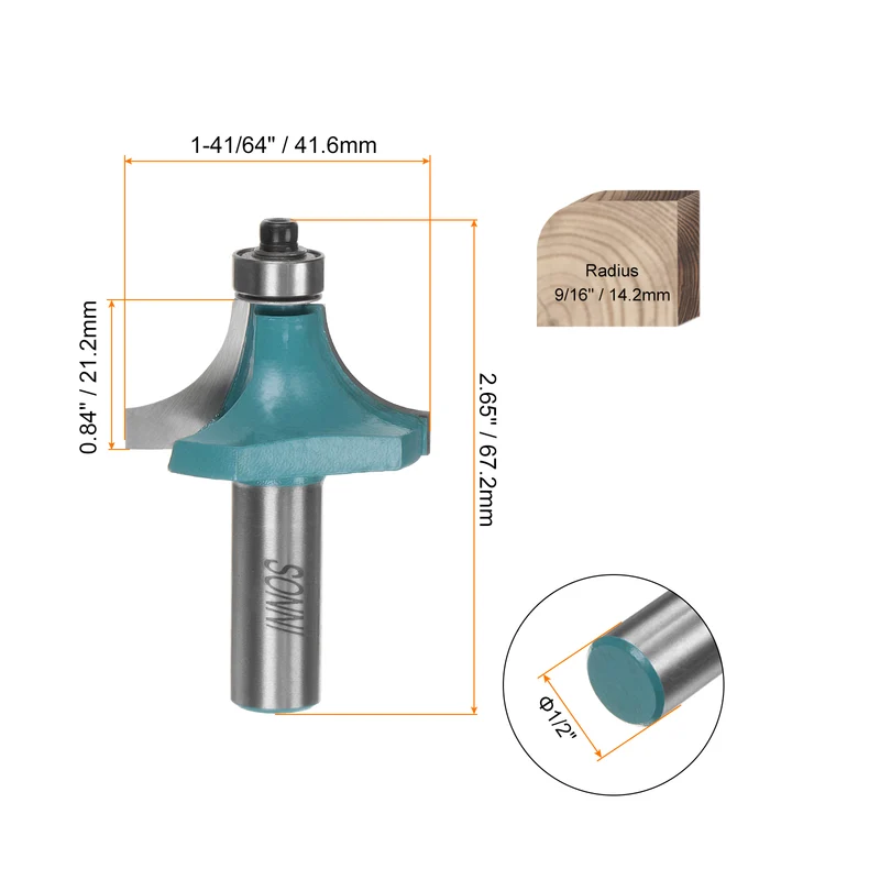 Roundover Router Bit 1/2 Shank 9/16" Radius Carbide Tipped with Bearing Cyan