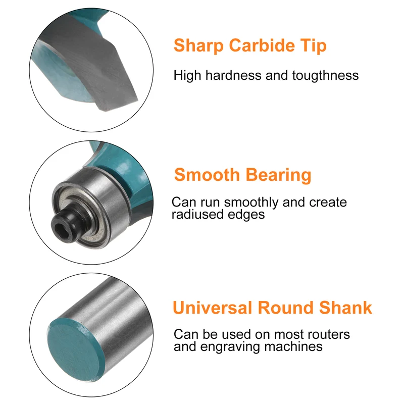 Roundover Router Bit 1/2 Shank 9/16" Radius Carbide Tipped with Bearing Cyan