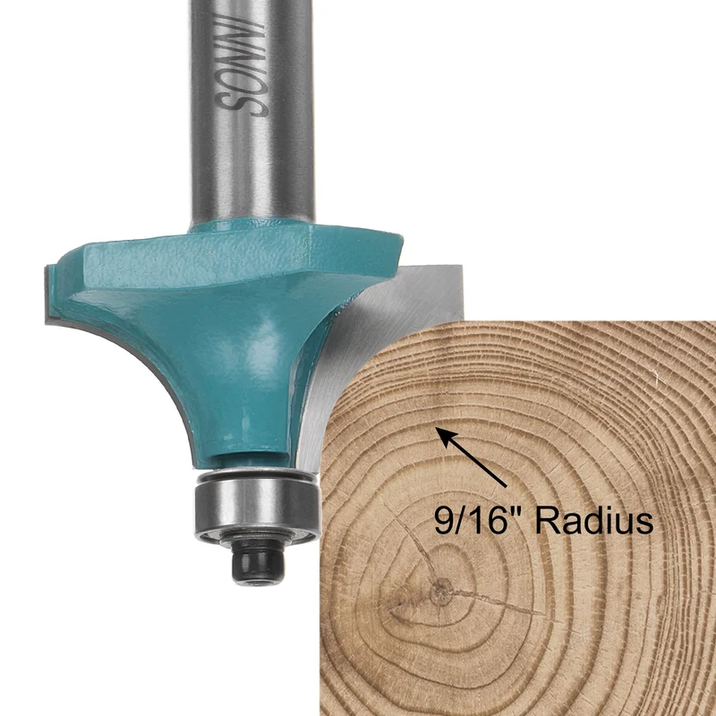 Roundover Router Bit 1/2 Shank 9/16" Radius Carbide Tipped with Bearing Cyan