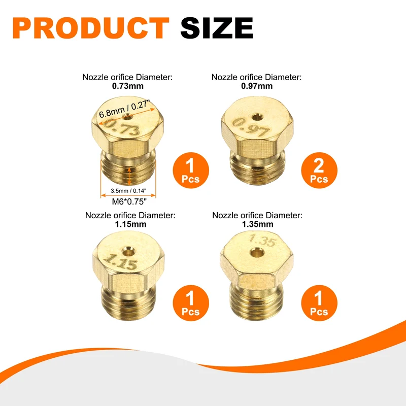 1Set Brass Jet Nozzles, M6 x 0.75 Gas Conversion（0.73/0.97/1.15/1.35mm） Replaces