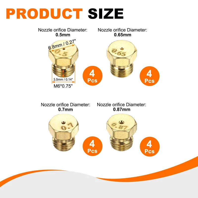4Set Brass Jet Nozzles, M6 x 0.75 Gas Conversion（0.5/0.65/0.7/0.87mm） Replaces