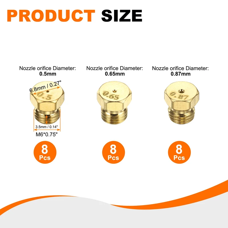 4Set Brass Jet Nozzles, M6 x 0.75 Gas Conversion（0.5/0.65/0.87mm） Replaces