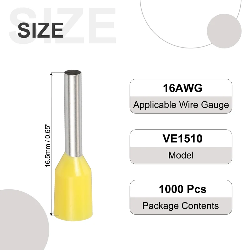 1000Pcs 16AWG Wire Ferrules Connectors VE1510 Yellow