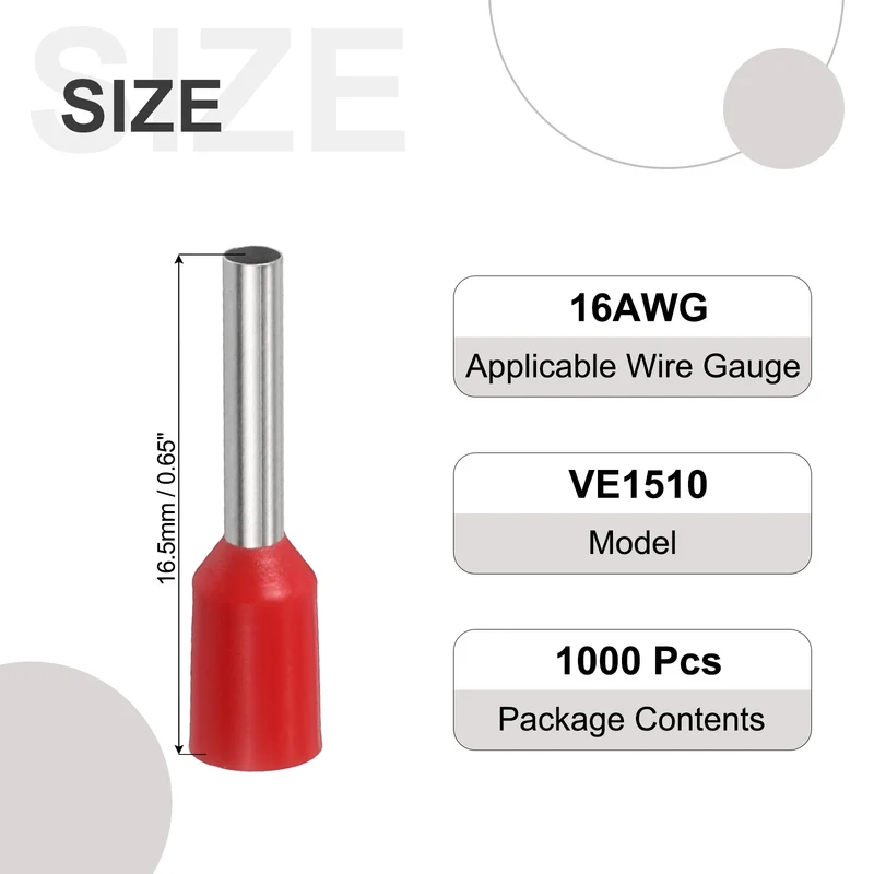 1000Pcs 16AWG Wire Ferrules Connectors VE1510 Red