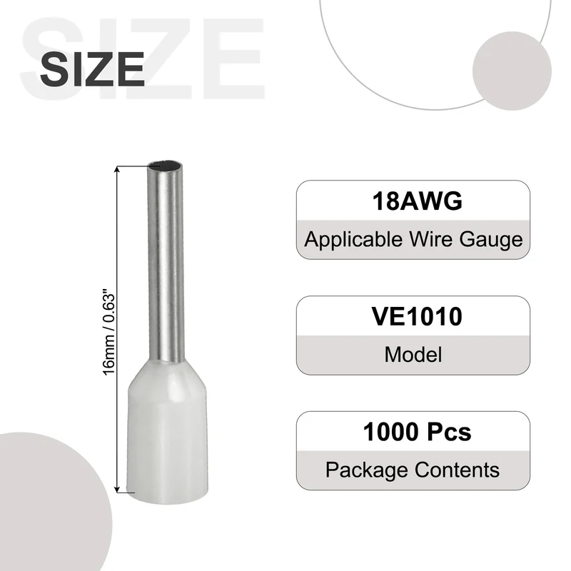 1000Pcs 18AWG Wire Ferrules Connectors VE1010 White