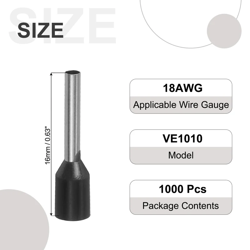 1000Pcs 18AWG Wire Ferrules Connectors VE1010 Black