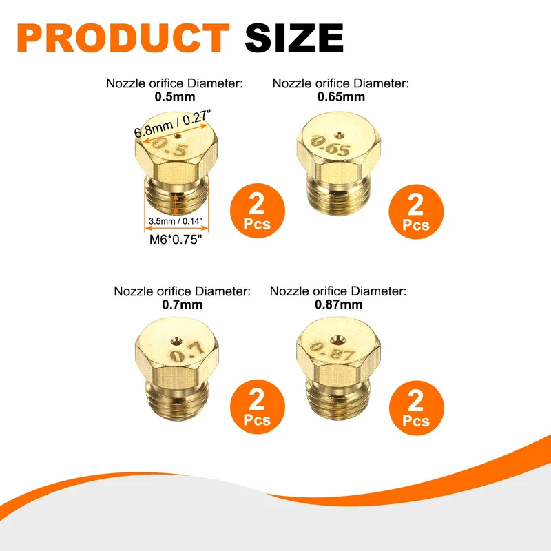 2Set Brass Jet Nozzles, M6 x 0.75 Gas Conversion（0.5/0.65/0.7/0.87mm） Replaces