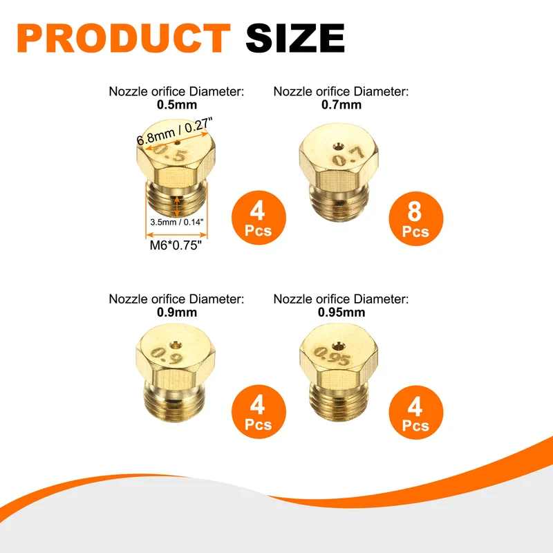 4Set Brass Jet Nozzles, M6 x 0.75 Gas Conversion（0.5/0.7/0.9/0.95mm） Replaces