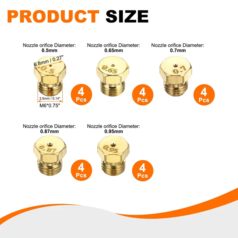 4Set Brass Jet Nozzles, M6 x 0.75 Gas Conversion Kit（0.5/0.65/0.7/0.87/0.95mm)
